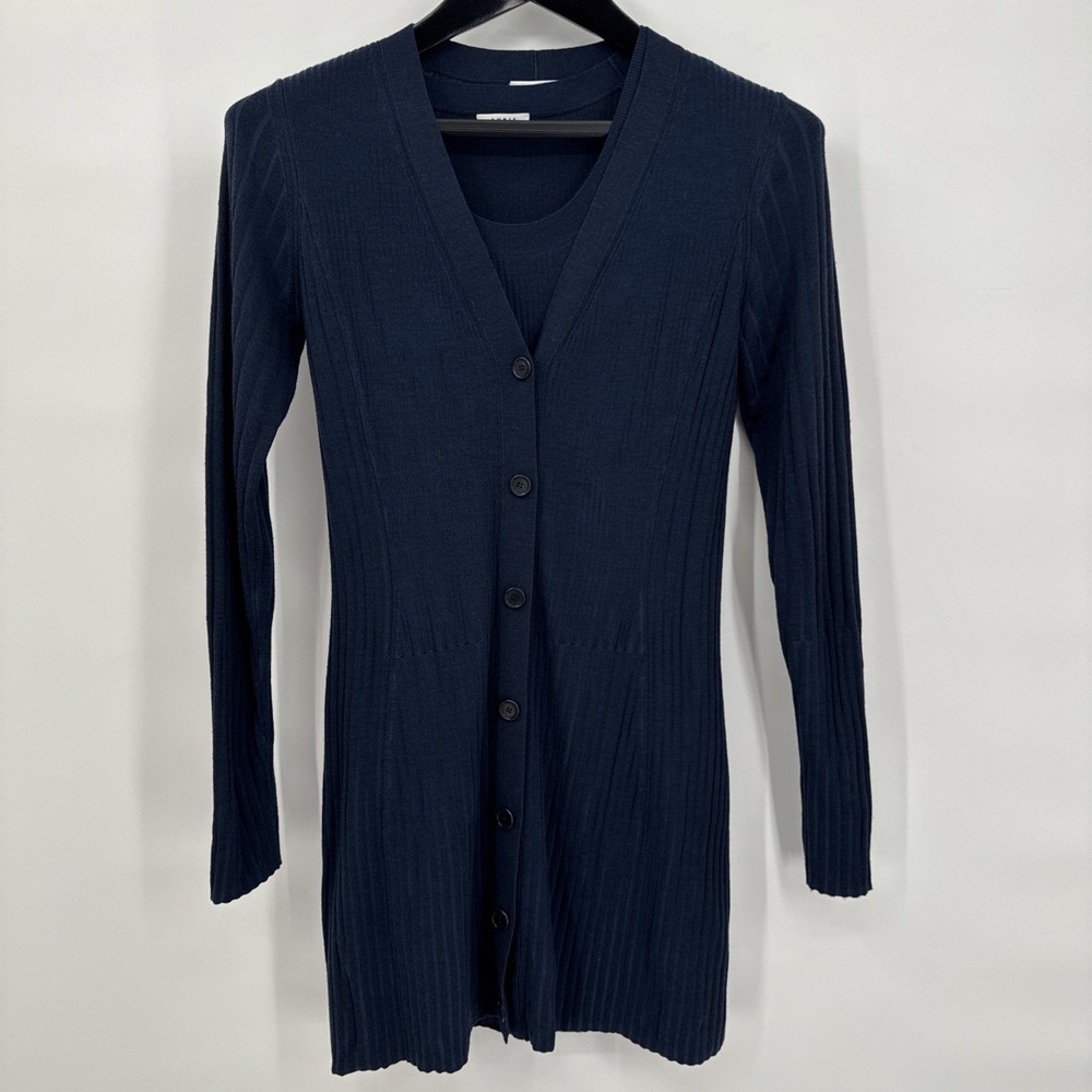 AKRIS Punto Set 100% Wool Long Cardigan Sweater & Top Blue Designer Classic 2?